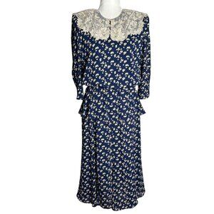 Vintage 80s Floral Midi Dress Medium Navy Blue Lace Collar 3/4 Sleeve Elastic